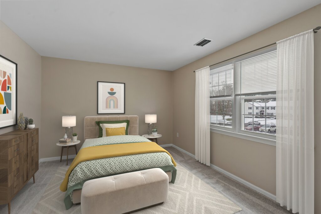 Virtually staged bedroom in Olde Coach Manor unit