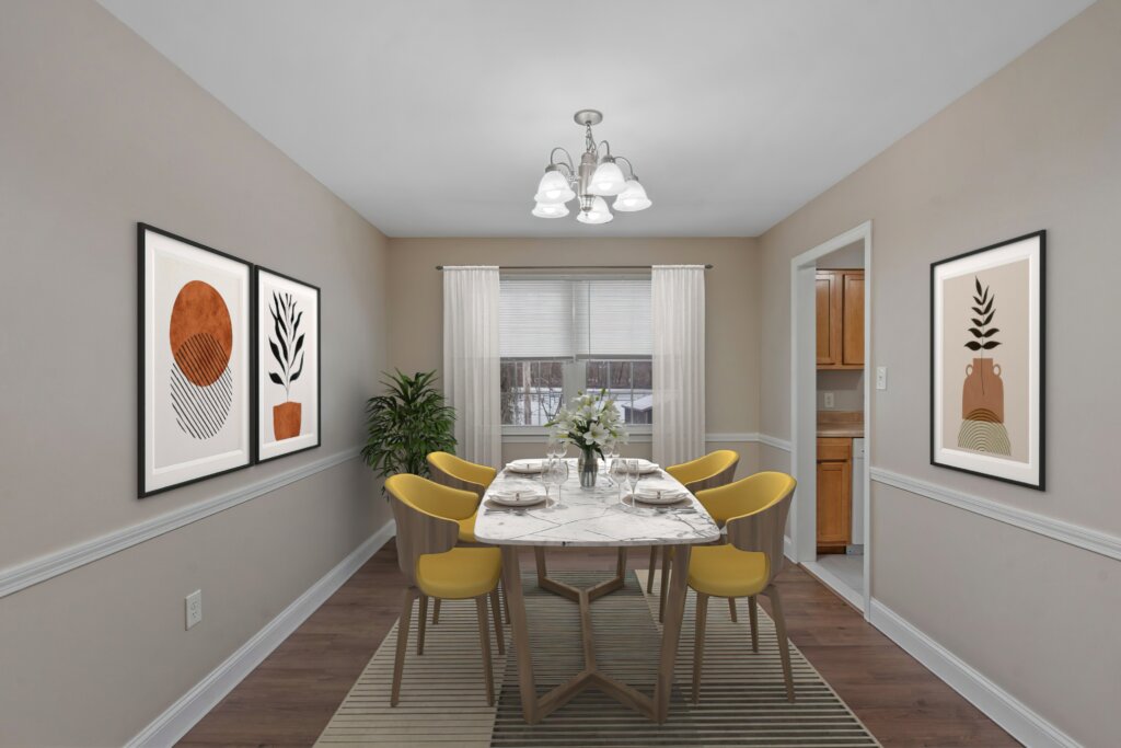 Virtually staged dining room in Olde Coach Manor unit