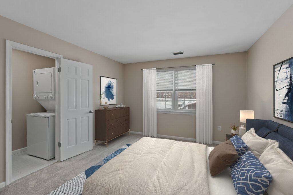 Virtually staged bedroom in Olde Coach Manor unit